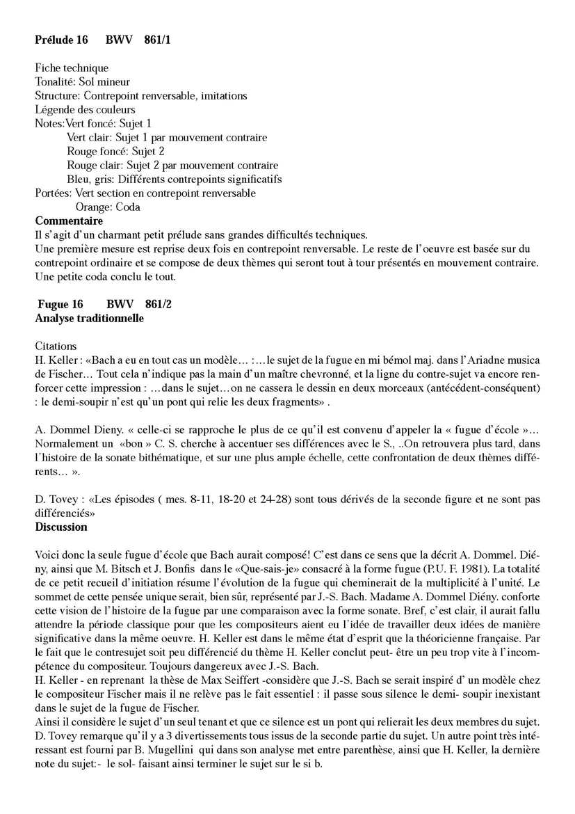 Clavier Bien Tempéré 1 BWV 861 - Analyse - CHARLIER C. - Educationnal sheet