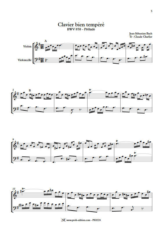 Prelude BWV 858 Clavier bien tempéré - Duo violon violoncelle - BACH J. S. - app.scorescoreTitle
