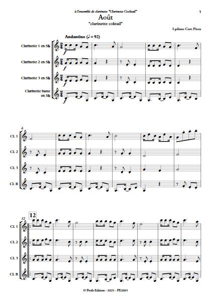 Aout - clarinette coktail - Quatuor de Clarinettes - CURT PITOU L. - Score