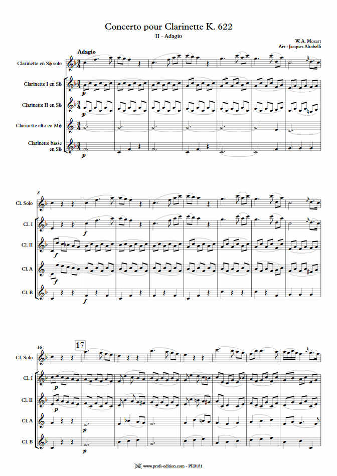 Concerto pour Clarinette KV622 (Adagio) - Quintette Clarinettes (Clar Sib) - MOZART W. A. - Educationnal sheet