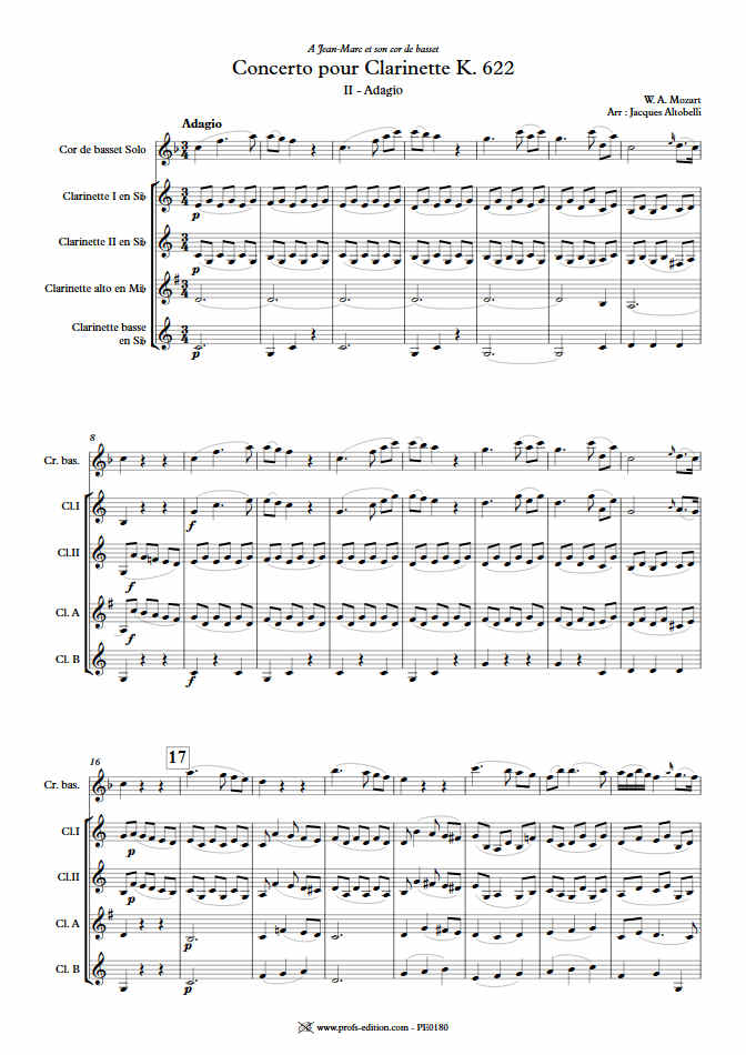 Concerto pour Clarinette KV622 (Adagio) - Quintette Clarinettes (Cor de Basset) - MOZART W. A. - Educationnal sheet