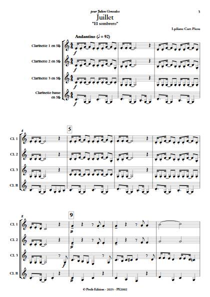 Juillet - El sombrero - Quatuor de Clarinettes - CURT PITOU L. - Score