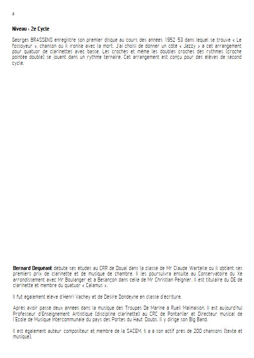 Le Fossoyeur - Quatuor de Clarinettes - BRASSENS G. - Educationnal sheet