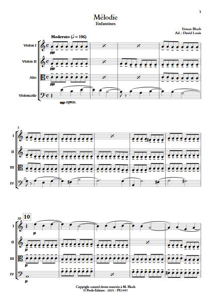 Mélodie (enfantines) - Quatuor à cordes - BLOCH E. - Score
