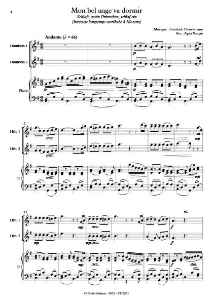 Mon bel ange va dormir - Trio 2 hautbois et piano - FLEISCHMANN F. - Score
