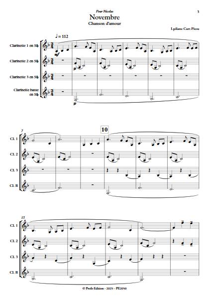 Novembre - Chanson d'amour - Quatuor de Clarinettes - CURT PITOU L. - Score