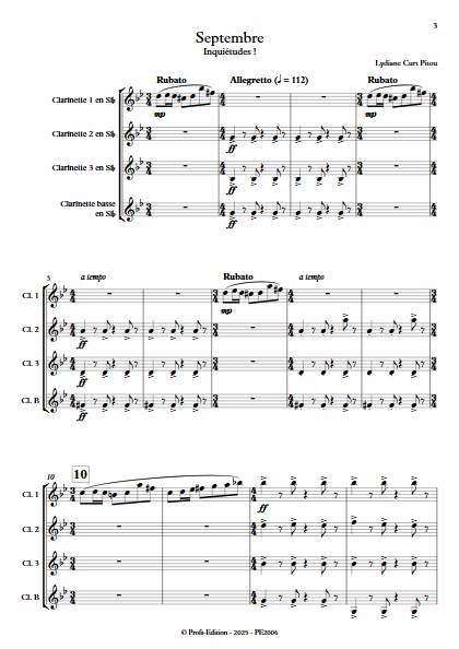 Septembre - Inquiétudes - Quatuor de Clarinettes - CURT PITOU L. - Score