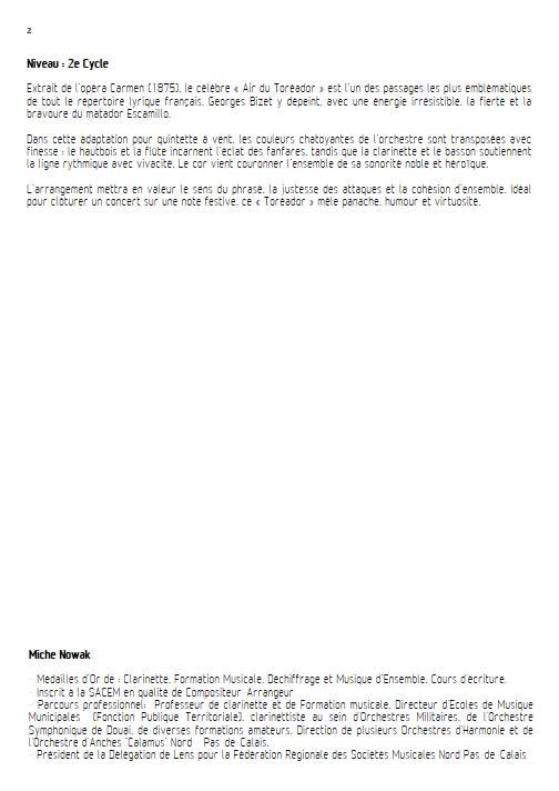 Toréador - Quintette à vent - BIZET G. - Educationnal sheet