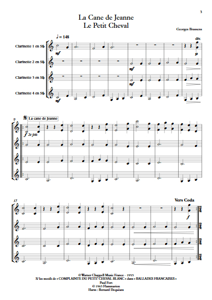 La Cane de Jeanne & Le petit Cheval - Quatuor de Clarinettes - BRASSENS G. - app.scorescoreTitle