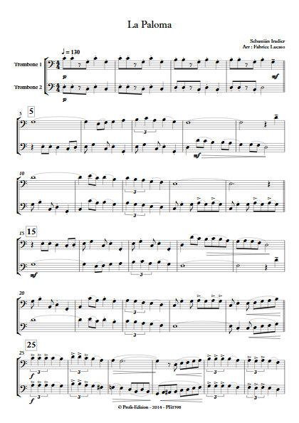 La Paloma - Duo de Trombones - IRADIER S. - Educationnal sheet